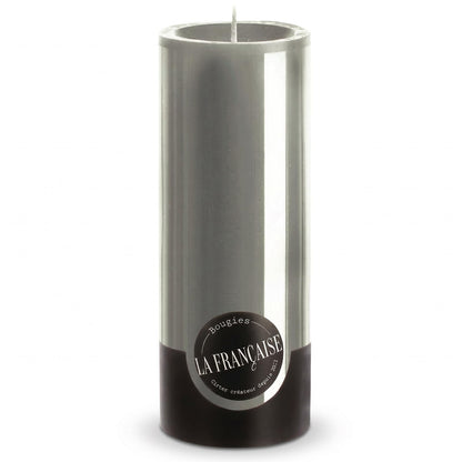 Bougies La Française Unscented Pillar Candle, Grey, Made in Tunisia, Ready-to-Light Cotton Wick Included, Vegetable Wax Decorative Candle, 3.15" Diameter × 7.87" Tall, Approx. 125-Hour Burn Time