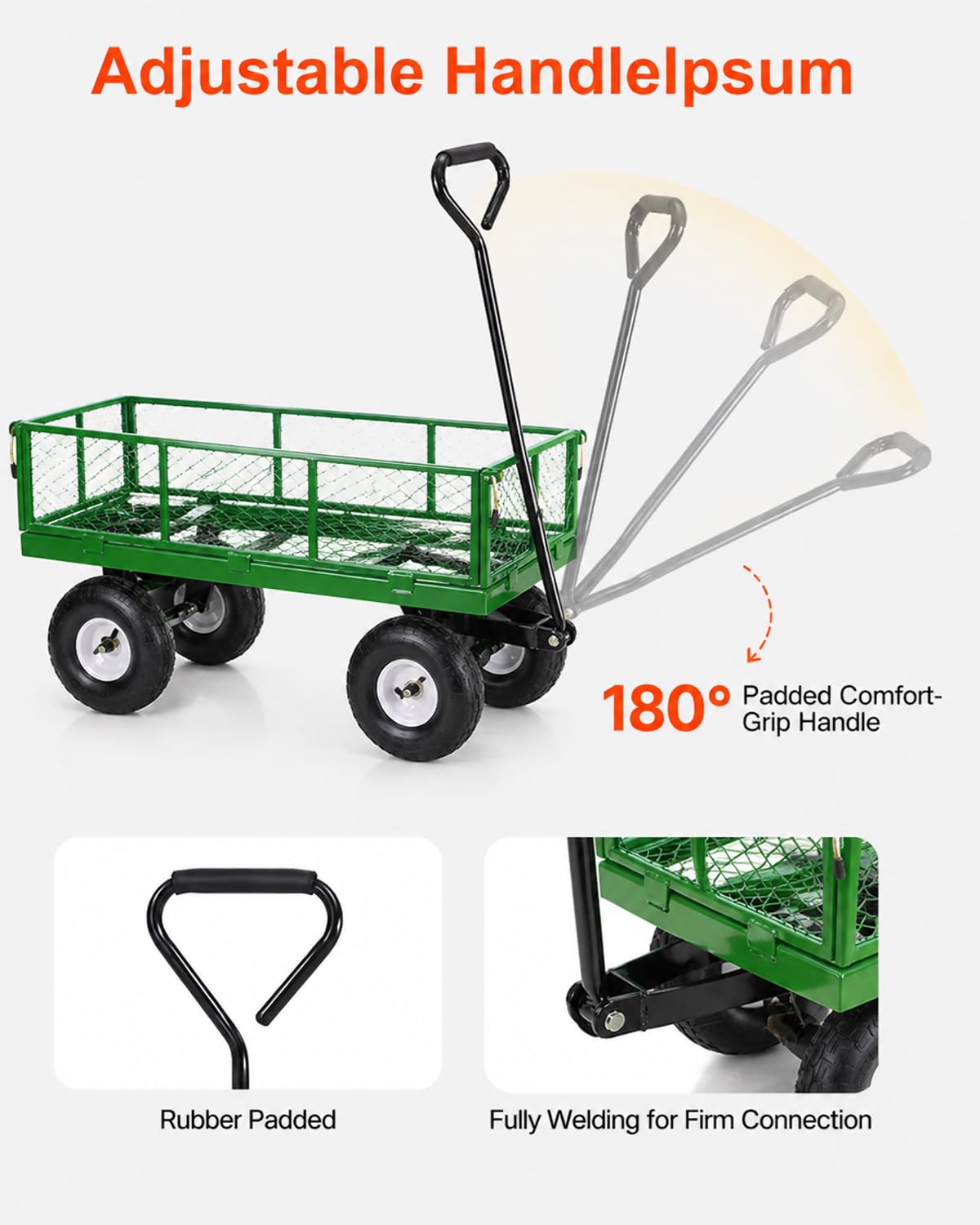 A A IN 600 lbs Heavy Duty Metal Garden Cart, Pull able Yard Wagon with Removable Mesh Sides, 180° Rotating Handle & 10" Wheels, Green