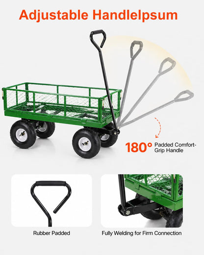 A A IN 600 lbs Heavy Duty Metal Garden Cart, Pull able Yard Wagon with Removable Mesh Sides, 180° Rotating Handle & 10" Wheels, Green