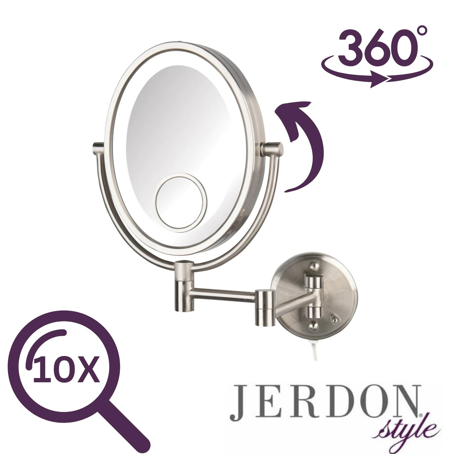 JERDON Two-Sided Wall-Mounted Makeup Mirror with Lights - Lighted Makeup Mirror with 10X Magnification & Wall-Mount Arm - Oval Mirror with Nickel Finish Wall Mount - Model HL9515NL