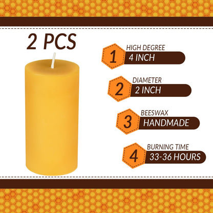 DEYBBY 2x4 inch Natural Beeswax Pillar Candle Set of 2, Smokeless Dripless Pure Organic Beeswax Candle with Natural Scent for Home Decor Blackout Housewarming Party Event, Long Burn, Yellow