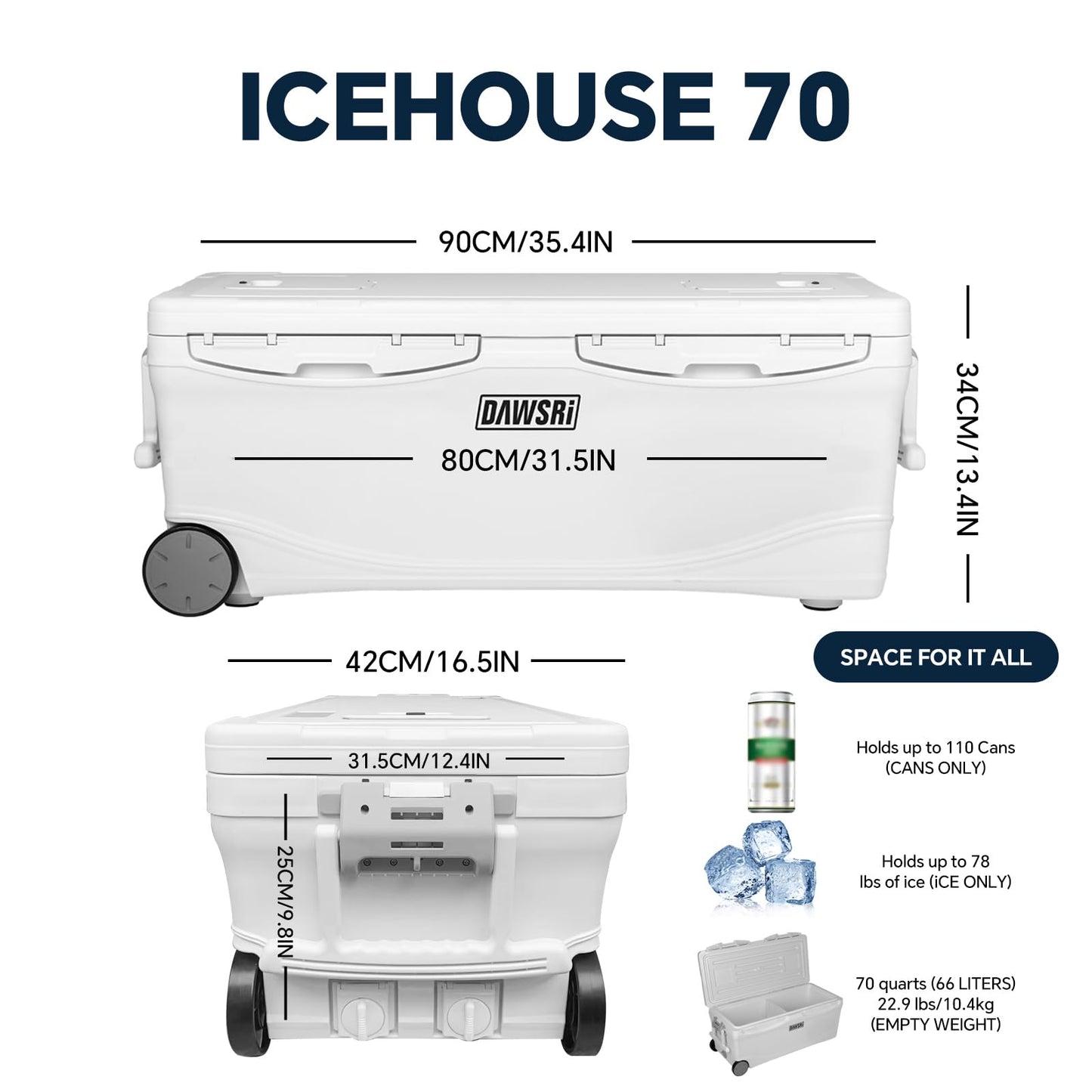 DAWSRi Icehouse Series Hard Cooler with Wheels Ice Retention Durable Insulated Portable Ice Chest Box Easy to Transport for Camping,Fishing,Boat,Travel,Tailgates,Picnics,Beach,Barbecue 42QT