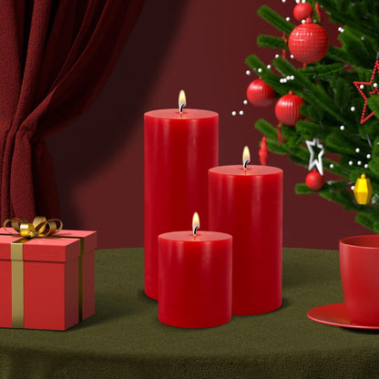 Red Pillar Candles - Unscented Pillar Candles Set of 3 - Dripless, Smokeless for All Occasions (3” W x 3”, 4”, and 6” H), Enjoy Over 150 Hours of Total Burn Time