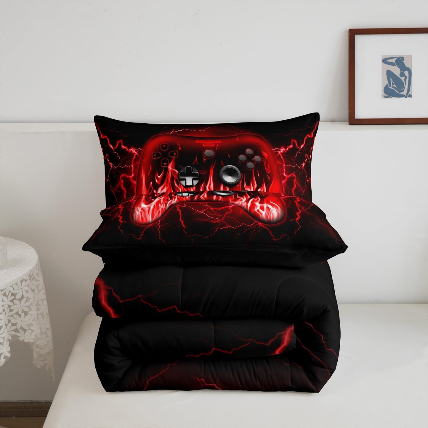 Feelyou Kids Gaming Comforter Set,Boys Gamer Bedding Set Full Size,Teens Bedroom Room Decor,Red and Black Game Contoller Comforter,Geometric Fire Ombre Game Bed Set All Season for Game Lovers