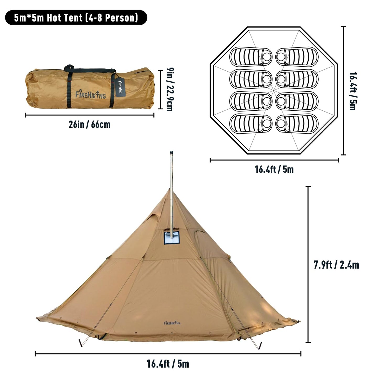 FireHiking Camping Hot Tent 4-8 Person Tipi Tent with Stove Jack for Bushcraft, Cooking and Heating