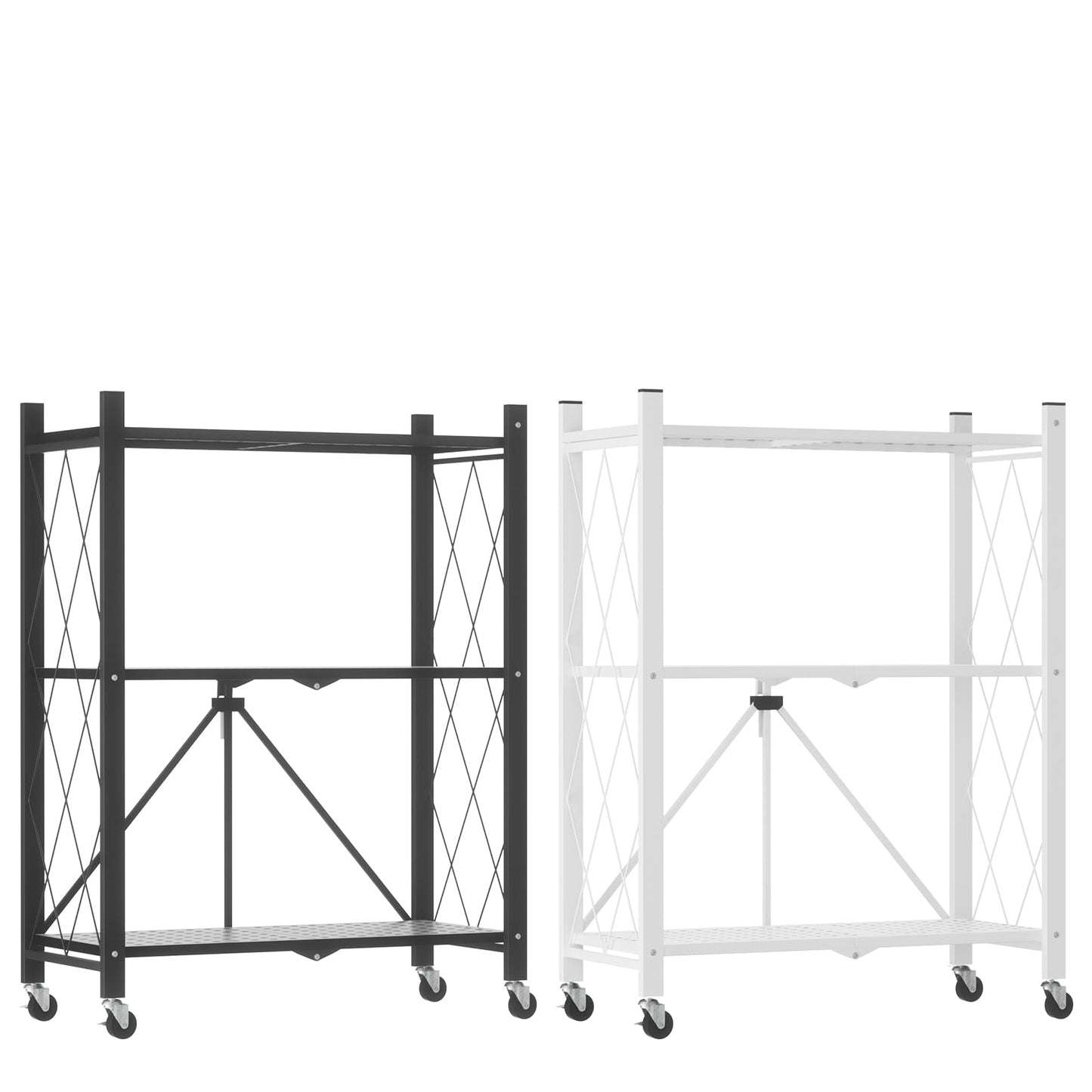 ALANNG 3 Tier Folding Storage Shelves with Wheels, 2 Pack (Black + White)