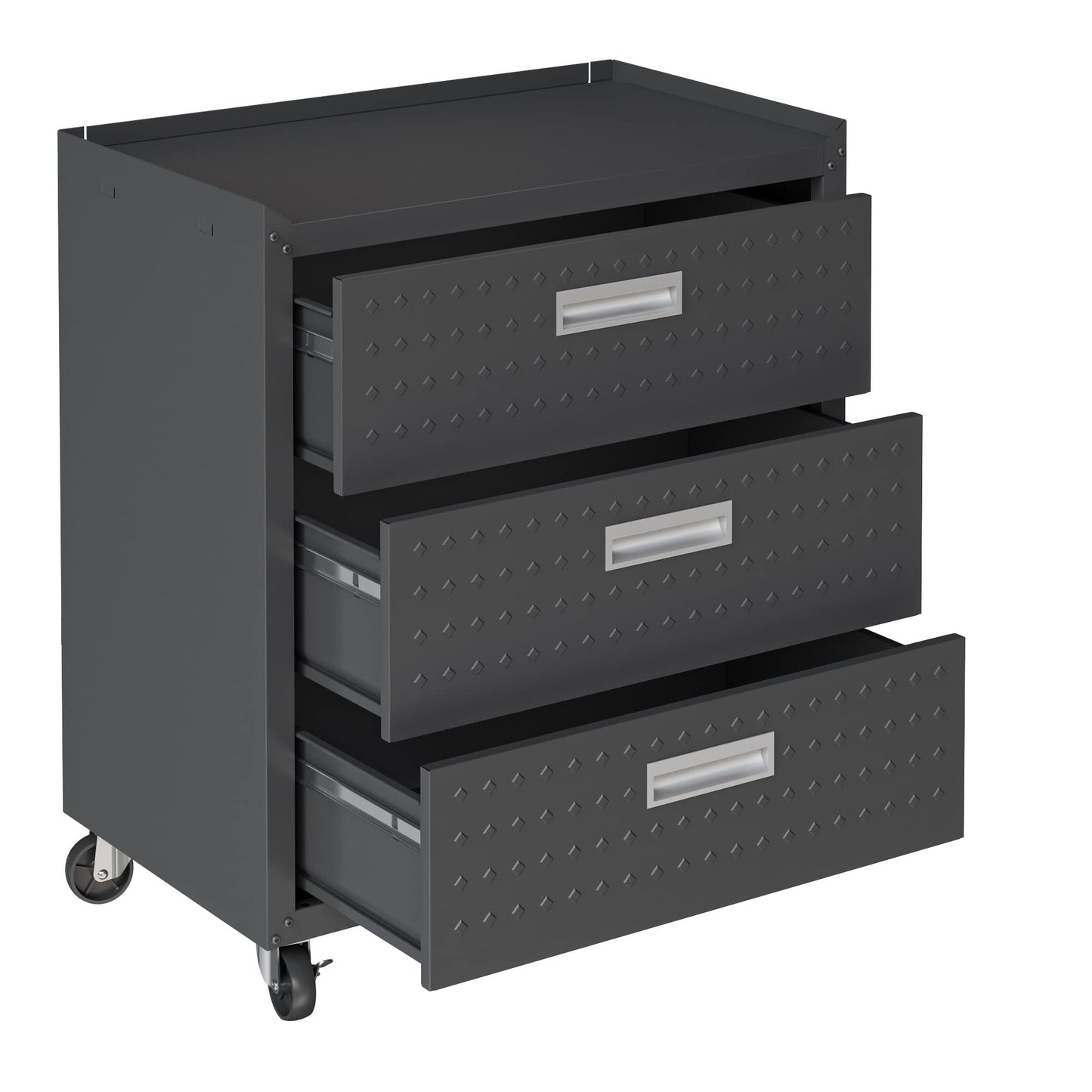 Manhattan Comfort Fortress 31.5-Inch Rolling Garage Tool Chest, 3-Drawer Lockable Mobile Storage Cabinet, Diamond-Textured Steel Utility Organizer with Wheels for Basement, Workshop in Charcoal Grey