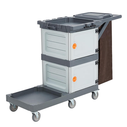Commercial Janitorial Cart with 2 Cabinet, Cleaning Cart On Wheels, Housekeeping Caddy with Cover, Shelves, and Vinyl Bag, Hotel Housekeeping Room Hand Push Utility Service Cart