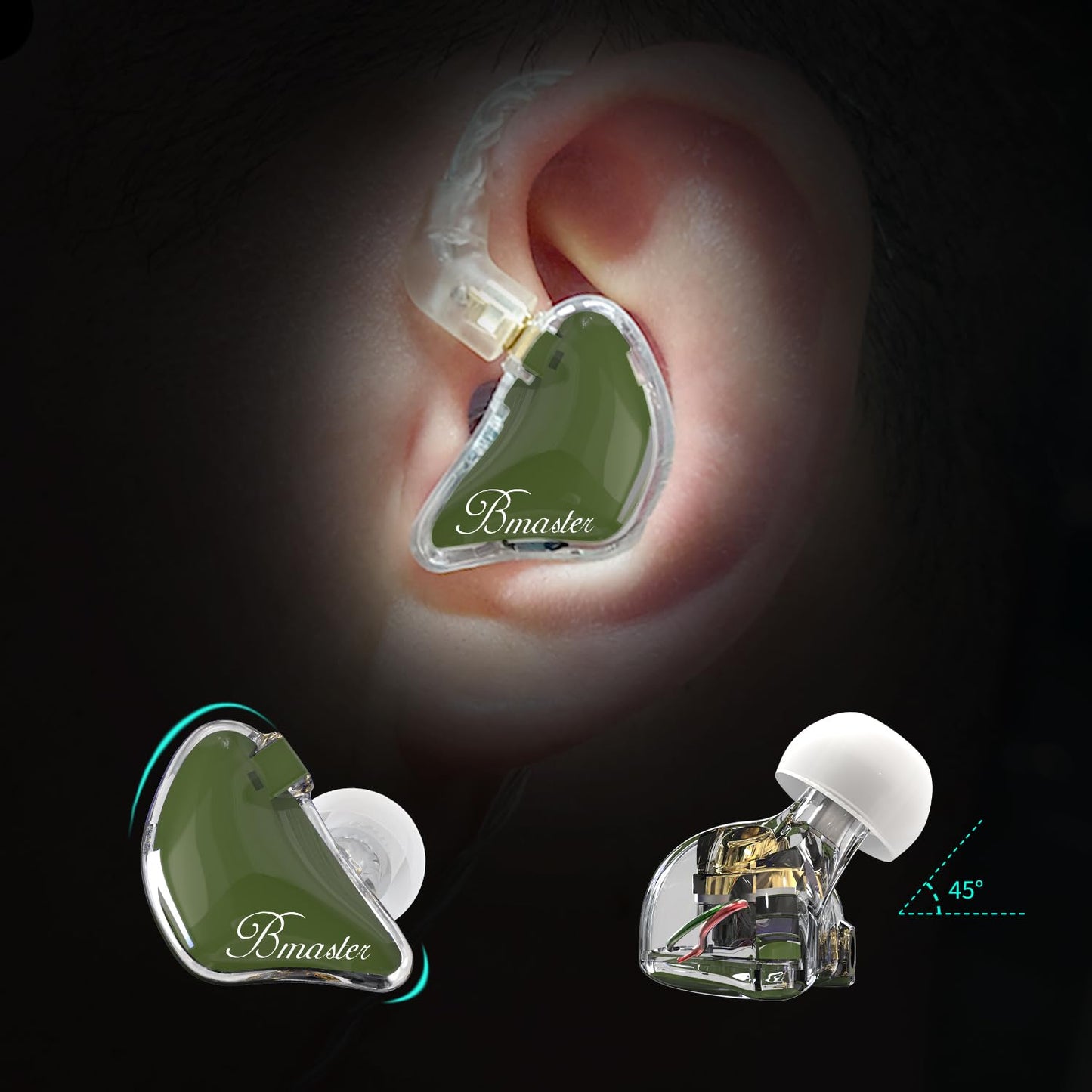 BASN Bmaster in Ear Monitor Headphones for Musicians, Hybrid Triple Drivers Dynamic Earbuds, Sound Isolating Earphones with 2 Detachable MMCX Cables (Olive)