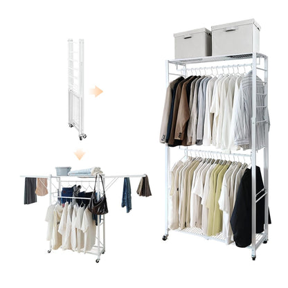 lumizone Folding Clothing Rack with Wheels Expandable Wardrobe Portable Clothes Rack for Hanging Clothes Adjustable Closet Shelves Garment Rack Durable Closet Racks for Hanging Clothes (Pro White)
