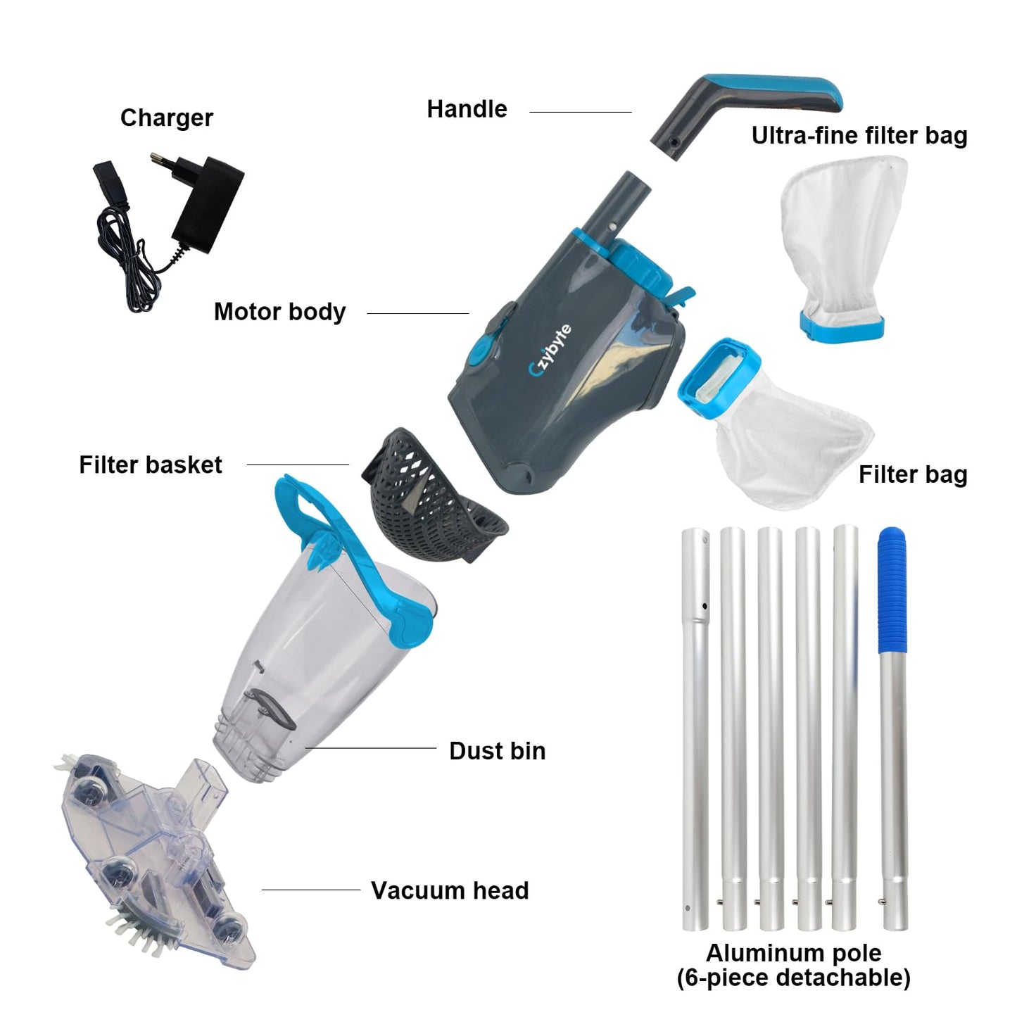 CZYBYTE Handheld Pool Vacuum Cleaner, Rechargeable Pool Bottom Cleaner with Strong Suction, 1 H Runtime, 89 inchs Extension Pole,for Above Ground/Inground Pools, Spas and Hot Tubs, Grey