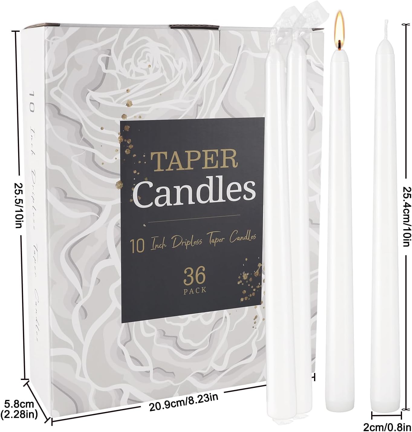 YOROXRG 36 Pack White Taper Candles, 7-8 Hours Burn Time, Unscented, Smokeless and Dripless, 0.8 x 10 Inch Dinner Candle Set for Household, Wedding, Party and Home Décor Candlesticks