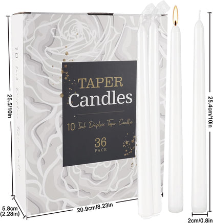 YOROXRG 36 Pack White Taper Candles, 7-8 Hours Burn Time, Unscented, Smokeless and Dripless, 0.8 x 10 Inch Dinner Candle Set for Household, Wedding, Party and Home Décor Candlesticks