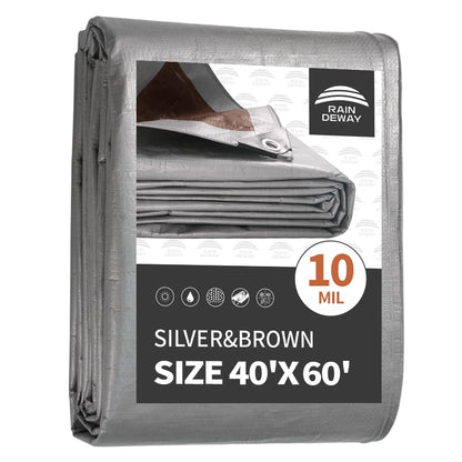 RAINDEWAY Large Tarp,40x60 Feet Tarps Heavy Duty Waterproof,10Mil Thick Multipurpose Tarp Cover with Metal Grommets and Reinforced Edges,Silver/Brown