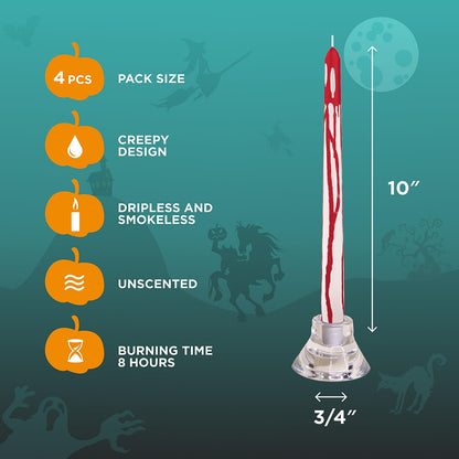 CANDWAX 10 inch Taper Candles Set of 4 - Unscented Taper Burning for 8 Hours - No Drip Taper Candles Ideal for Halloween or Other Themed Party - Blood White