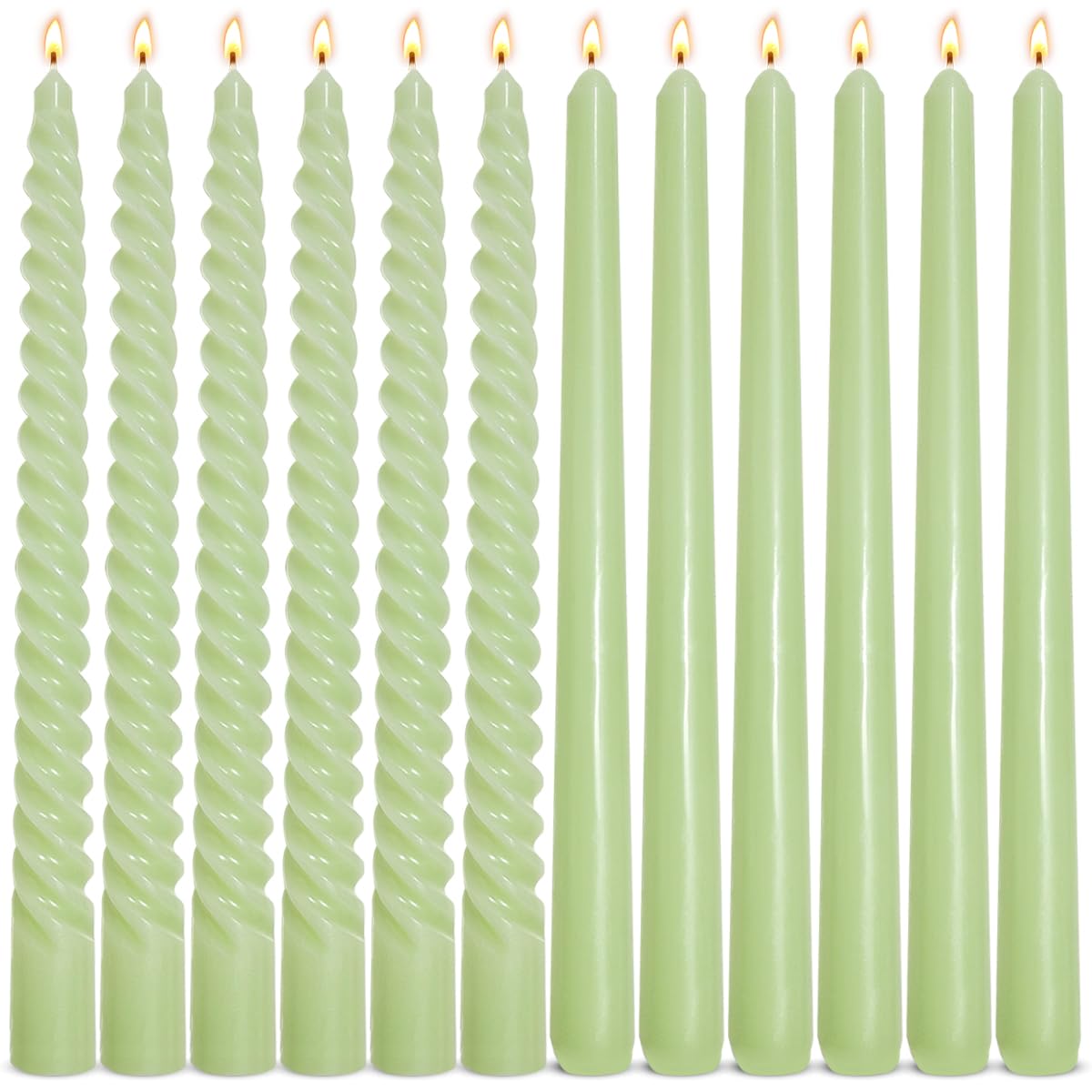 6 Pack Sage-Green Taper Candles and 6 Pack Spiral Candles Set, 10 Inch Elegant Dripless Unscented Candlesticks for Spring St. Patrick's Day Christmas Dinners Parties and Home Decor