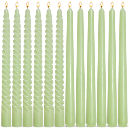 6 Pack Sage-Green Taper Candles and 6 Pack Spiral Candles Set, 10 Inch Elegant Dripless Unscented Candlesticks for Spring St. Patrick's Day Christmas Dinners Parties and Home Decor