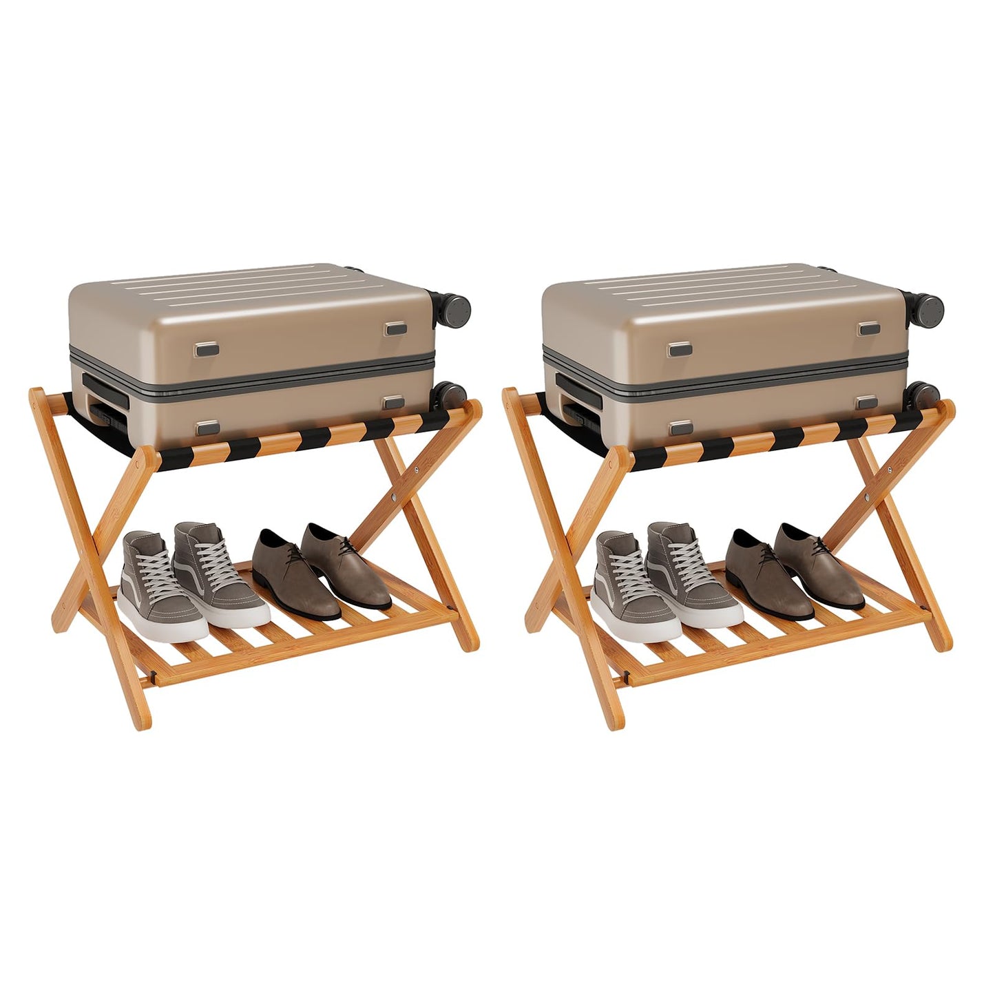 Smuxee Fully Assembled Honey Luggage Racks Pack of 2, Upgraded Bamboo Foldable Suitcase Stand with 5 Nylon Straps, Luggage Holder with Shelf for Guest Room Bedroom Hotel