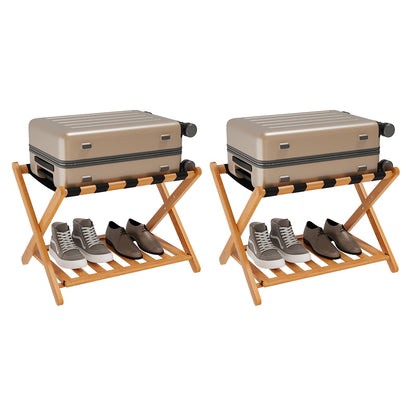 Smuxee Fully Assembled Honey Luggage Racks Pack of 2, Upgraded Bamboo Foldable Suitcase Stand with 5 Nylon Straps, Luggage Holder with Shelf for Guest Room Bedroom Hotel
