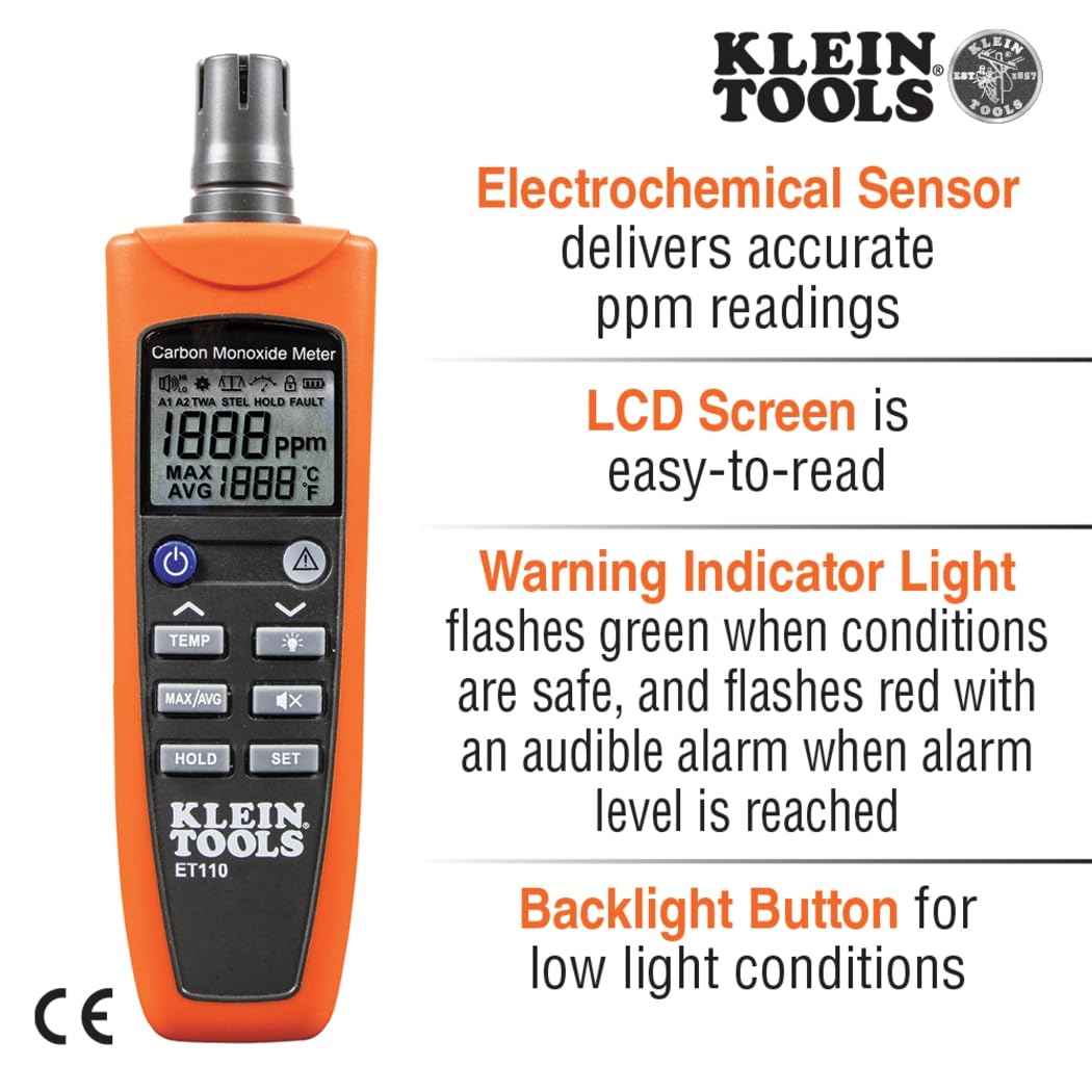 Klein Tools ET110 CO Meter, Carbon Monoxide Tester and Detector with Exposure Limit Alarm, 4 x AAA Batteries and Carry Pouch Included
