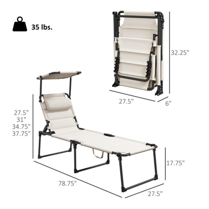 Outsunny 2 Pieces Outdoor Lounge Chair, Adjustable Backrest Folding Chaise Lounge, Cushioned Tanning Chair with Sunshade Roof & Pillow Headrest for Beach, Camping, Hiking, Cream White