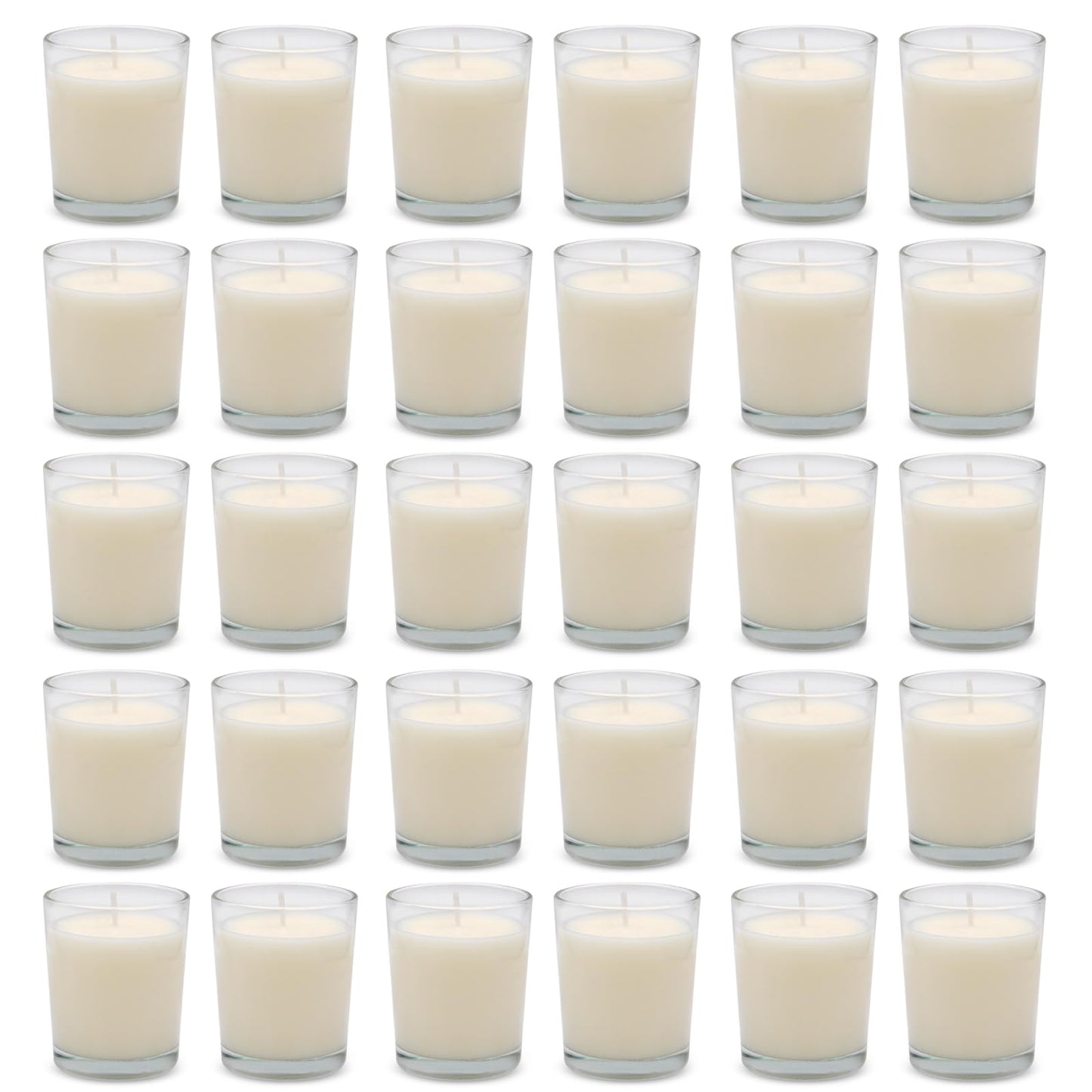 Set of 30 White Votive Candles Clear Glass Filled Unscented Soy Wax Candle for Home Décor Spa Weddings Birthday Holidays Party and DIY