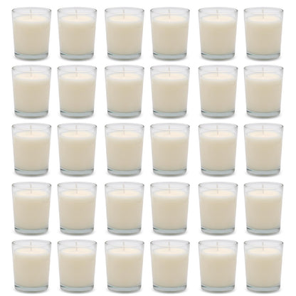 Set of 30 White Votive Candles Clear Glass Filled Unscented Soy Wax Candle for Home Décor Spa Weddings Birthday Holidays Party and DIY