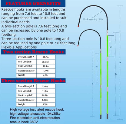7.6 Feet Rescue Hook, High Voltage Insulated Rescue Hook high Voltage Telescopic 10kv35kv, Fire Electrician Anti-electrocution Rescue Hook 380V, Rescue Hook,18 inch Opening (Green7.6Feet)