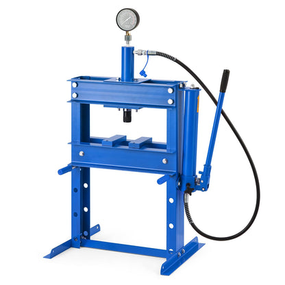GarveeTech 10 T Hydraulic Press, Heavy Duty H Frame Garage Hydraulic Shop Press with 2 Press Plates, Adjustable Work Table Height Blue