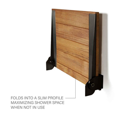 Seachrome 18 inch Silhouette Slimline Folding Wall Mount Shower Bench Seat, Natural Teak Wood with Matte Black Frame