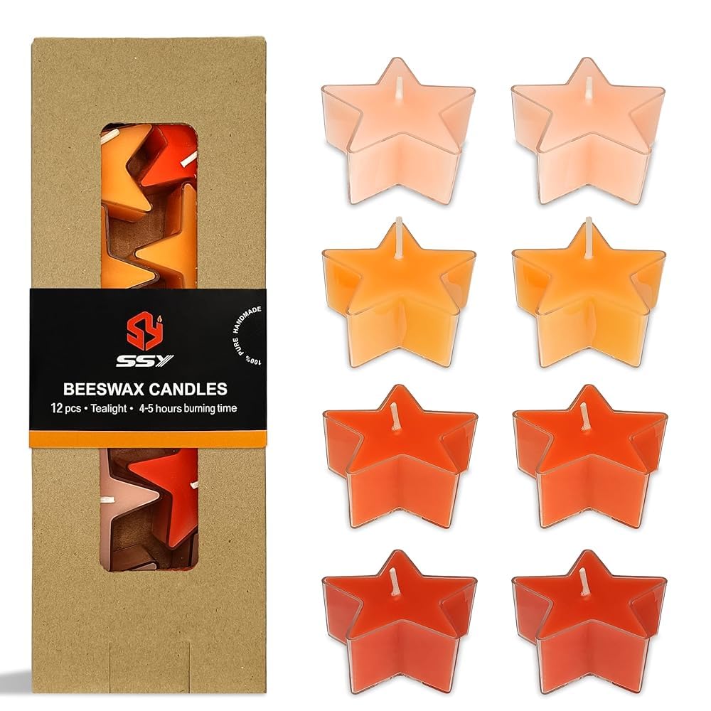 Tea Lights Gradation Orange Star Tea Candles Set of 12 – Tealight Candles with Citrus Scent, Long Burning Handmade Tealights for Wedding Meditation Home Decor Gift