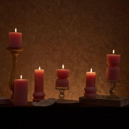 MOZEAL Hand-Poured Pointed Ribbed Soy Pillar Candles Set of 3 - Decorative Pink Unscented Dripless Smokeless (4",6",8") 300 Hr Burn - Stylish Wedding Décor