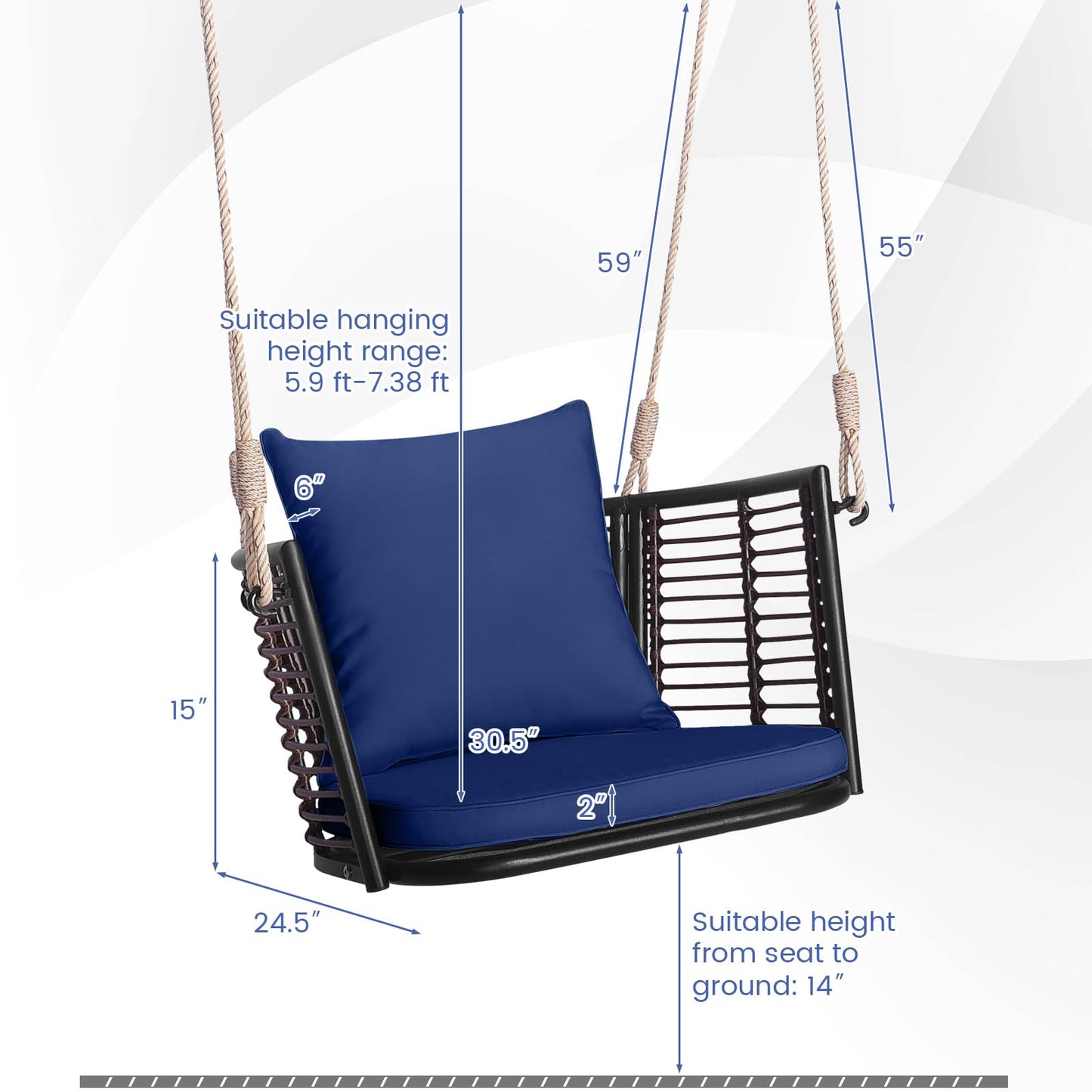 HAPPYGRILL Porch Swing Patio Hanging Rattan Basket Chair, Swing Hammock Chair with Seat Cushion & Back Cushion, PE Rattan, Sturdy Metal Frame, Wicker Hanging Rope Swing, (Navy)