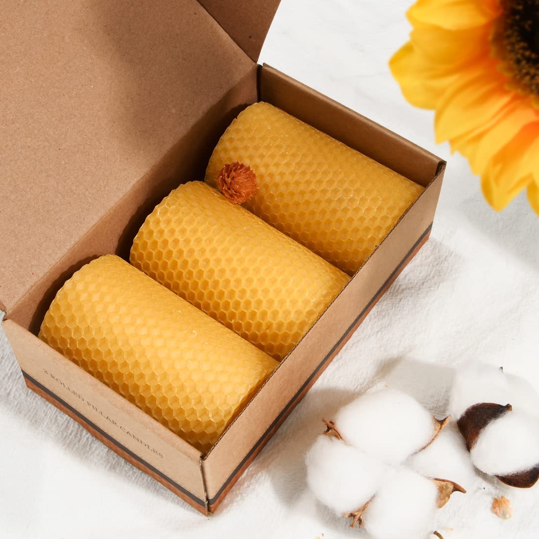 DEYBBY Beeswax Rolled Pillar Candles Set of 3 - Handmade Pure Organic Beeswax Candles for Housewarming Gift Home Decor (2×3.3 in)