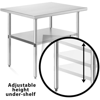 KUTLER Stainless Steel Table 24 x 36 Inches, NSF Heavy Duty Commercial Kitchen Prep and Work Table with Undershelf for Restaurant, Hotel, Home
