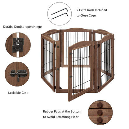unipaws Pet Playpen with Wood and Wire, 6 Panels Extra Wide Freestanding Walk Through Dog Gate with 4 Support Feet, Foldable Stairs Barrier Pet Exercise Pen for Dogs Cats