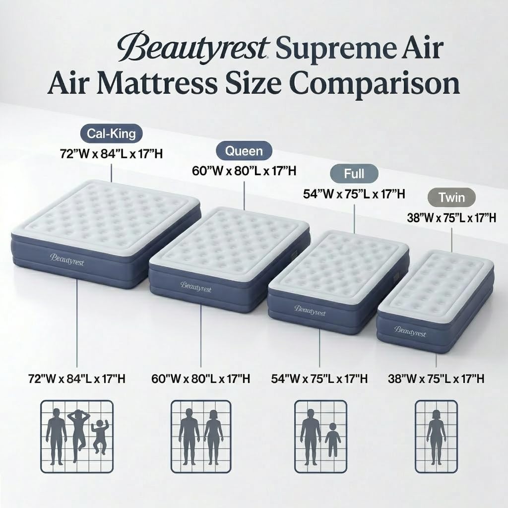 Beautyrest Supreme Air, Full Size Air Mattress with Built-in Pump, Raised Inflatable Bed for Adults, Puncture-Resistant Vinyl, Auto Shut-Off, 650lb Support, Guest Bed, Camping Airbed, 3-Year Warranty