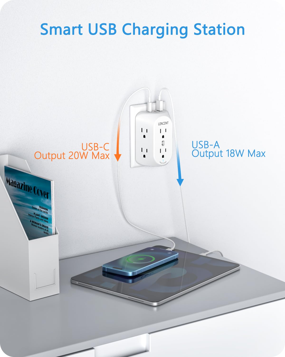 LENCENT 2 Prong Power Strip, 3 to 2 Prong Grounding Outlet Adapter 6 Outlet 1 Type C&2 USB 3.4A, Polarized Plug, 1728J Surge Protector, 3-Sided Wide Spaced Extender,Wall Mount for Non-Grounded Outlet
