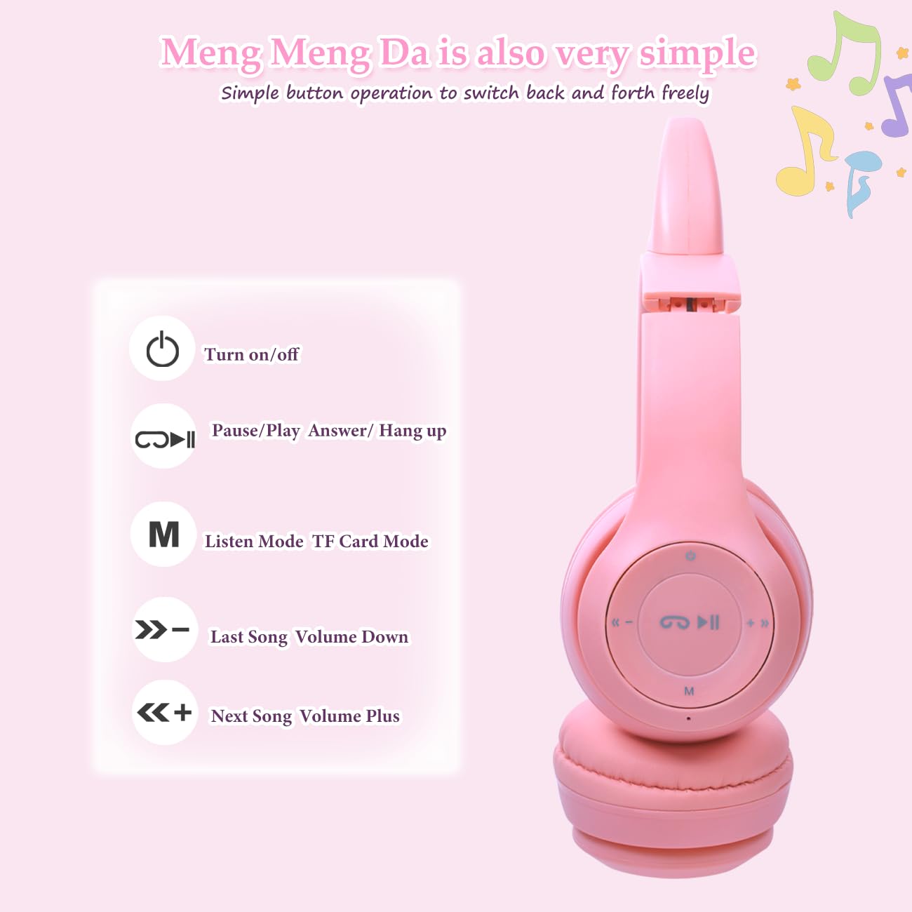 Megadream Kids Wireless Headphones, Bluetooth Over Ear Headphones with Microphone, Cat Ear LED Light Child Headset TF Card/Wired Foldable Earphones for Girls Boys Gift Age 7+ (Pink)