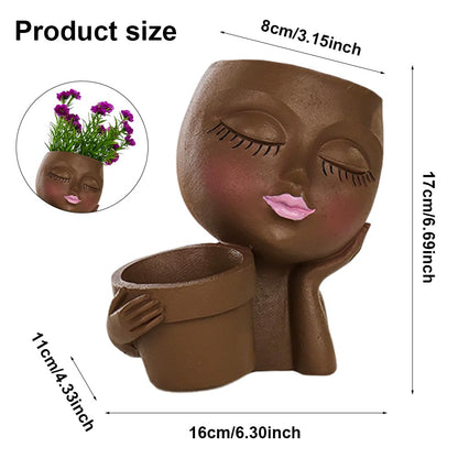Rivonthex Lady Face Planter Pot with Dual Compartments, Resin, Indoor/Outdoor Succulent Planter, 6.3" x 4.3" x 6.7", with Drainage Holes (Brown, Small)
