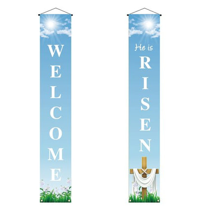 He Is Risen Porch Banner Easter Christian Cross Lily Religious Holiday Party Front Door Sign Wall Hanging Party Decoration