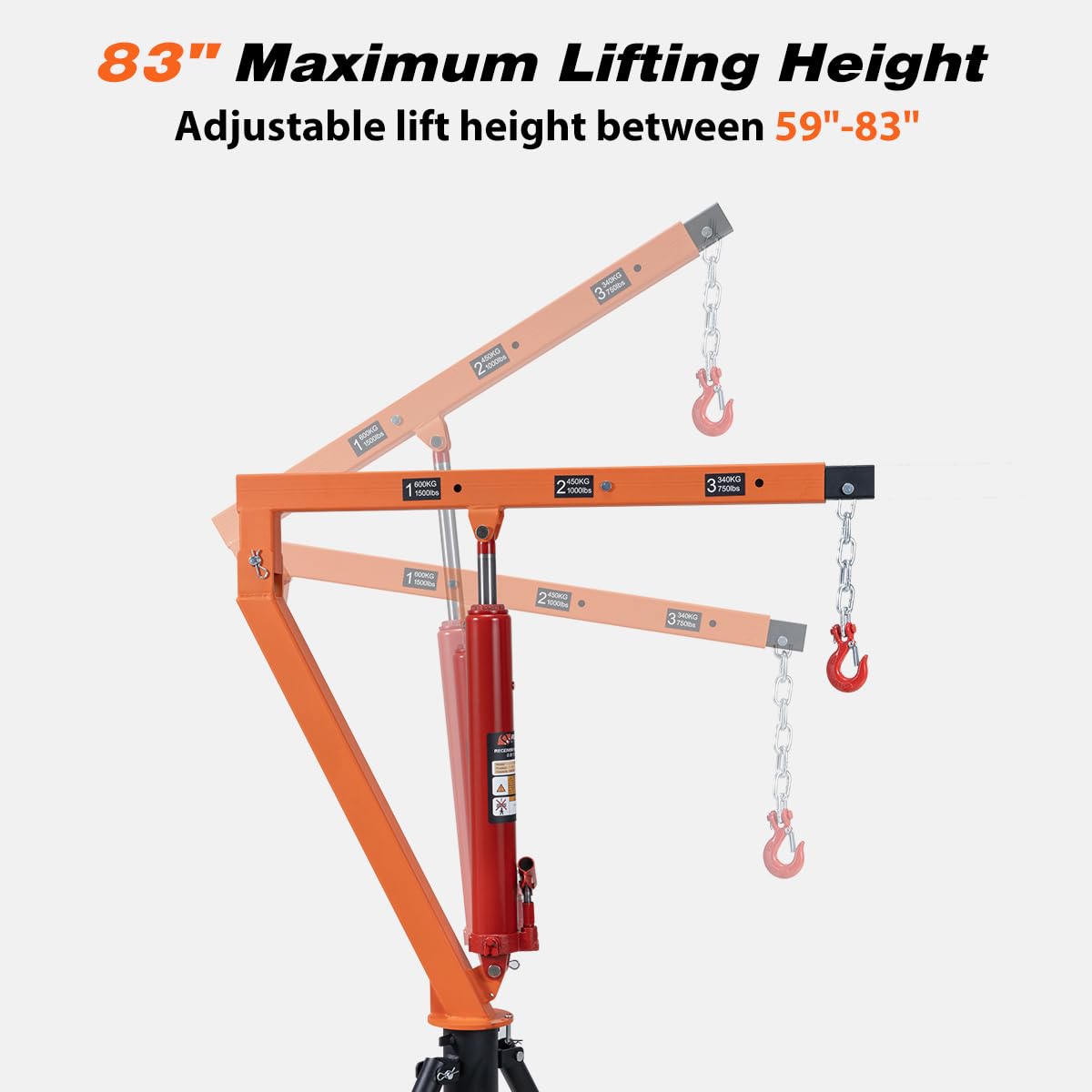 Rugcel 1500 lb Stretchable Receiver Hitch Mounted Hydraulic Swivel Pickup Truck Crane, with Three Boom Capacities of 750 lb, 1000 lb and 1500 lb (Hitch Crane 1500LB)