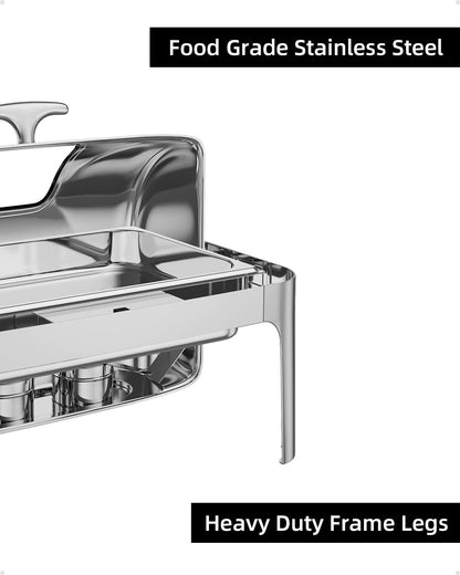 Garvee Rectangular Roll Top Chafing Dish Buffet Set, 9QT Stainless Steel Chafing Dish Set Equipped with 1 Full Size Pan, Catering Warmer Server with Visible Lid Water Pan Stand Fuel Holder Clip