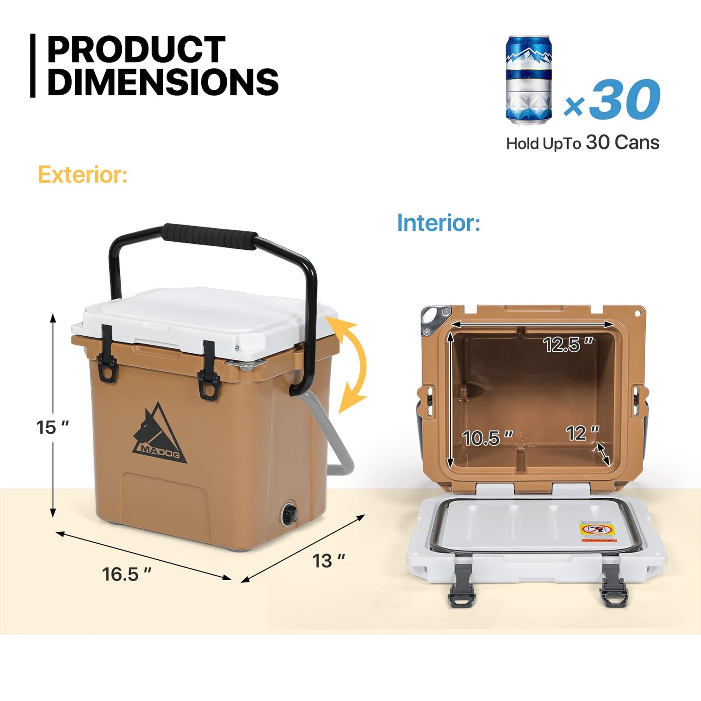 MADOG 18qt Portable Small Cooler, Lightweight Handle Hard Cooler, Leak-Proof LLDP Beach Cooler Keeps 7 Days Ice Retention, for Fishing, Camping, Boating and Traveling, White & Khaki