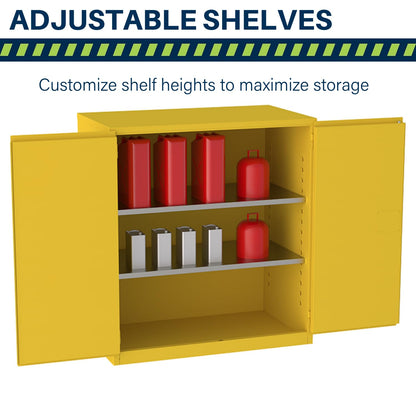 Jamco 120 Gallon Flammable Safety Cabinet, Steel Flammable Storage Cabinet with Lockable Manual Closing Doors, Non Forkliftable, 59" x 34" x 65", Yellow