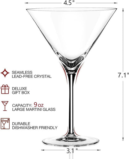 LUNA & MANTHA Martini Glasses Set of 4, Hand Blown Crystal Large Cocktail Glasses, Elegant for Bar, Manhattan, Gin, Tequila Gift Set for Birthday, Housewarming Gift, Clear 9oz (4 Count)