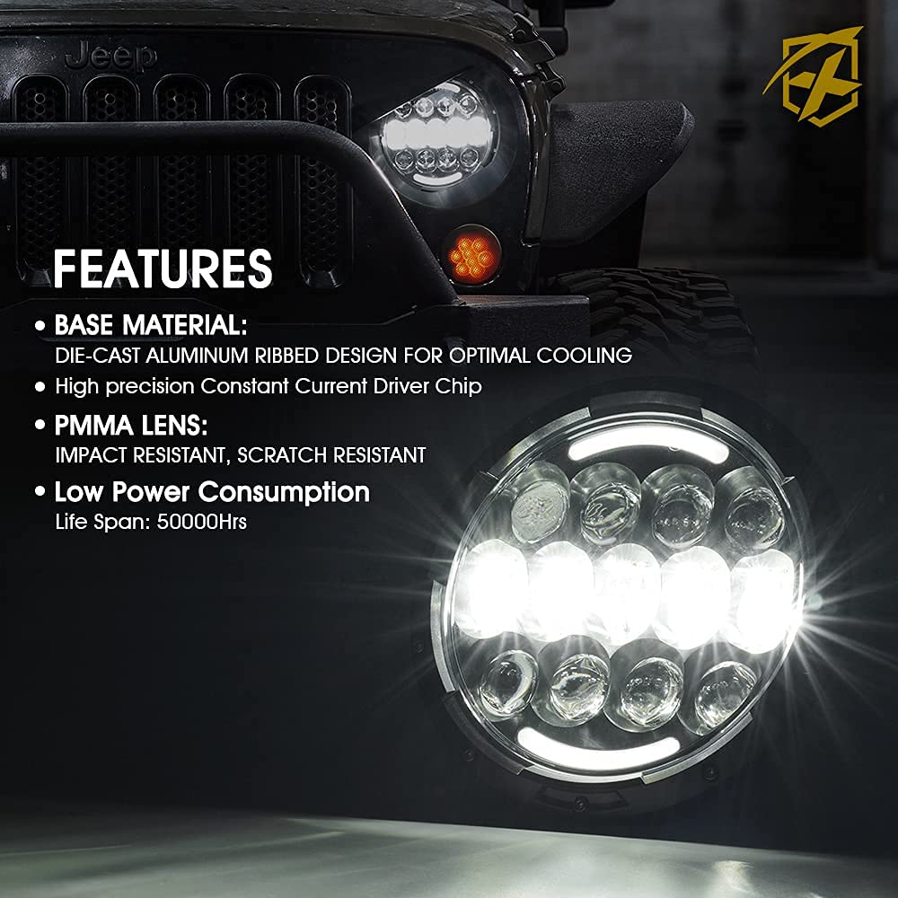 Xprite 105W LED Wrangler Headlights, 7 Inch Round Headlamp Replacement with Hi/Lo Beam, DRL, Turn Signal Lights, DOT Approved, Compatible with Wrangler JK TJ LJ 1997-2018, Includes H4 H13 Adapter