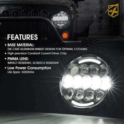 Xprite 105W LED Wrangler Headlights, 7 Inch Round Headlamp Replacement with Hi/Lo Beam, DRL, Turn Signal Lights, DOT Approved, Compatible with Wrangler JK TJ LJ 1997-2018, Includes H4 H13 Adapter
