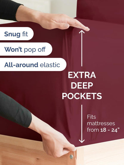Skiennix Extra Deep Split King Sheet Set - 7 Piece Breathable Cooling Bedding - Soft, Wrinkle-Free - Burgundy