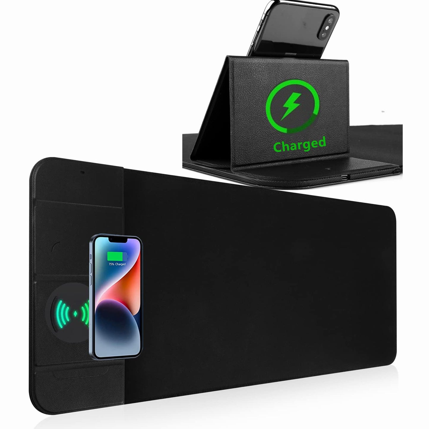 Wireless Charging Mouse Pad with Phone Holder Gaming Mousepad Desk Mat 15W Qi Fast Charging Pad Ultra-Smooth Surface Non-Slip Extended Premium Black Computer Keyboard Mat for MacBook PC Laptop